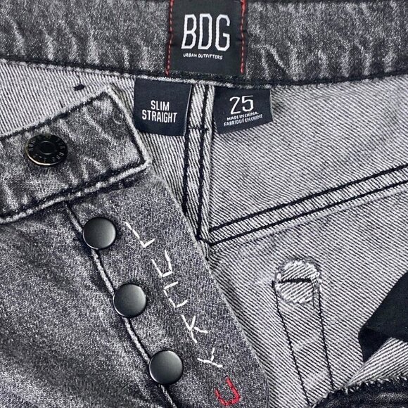 BDG Urban Outfitters Slim Straight Jeans Women 25 Black Distressed Button Custom - Picture 14 of 16